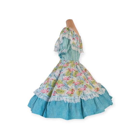 Square Dancing Dress Set - Christmas Flamingo Print Mediums aqua skirt & blouse - Picture 12 of 15